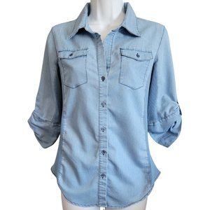 Cavalini Denim Collection Women's Blue Button-Down Shirt, Size Small (EUC)